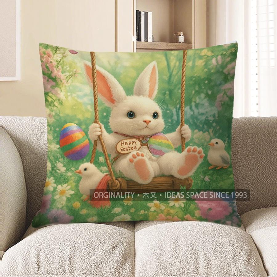 Home Decor Cute Easter Bunny With Eggs Throw Pillow Pattern Cushion Cover Suitable For Sofa Bedroom Car Pillow Cover