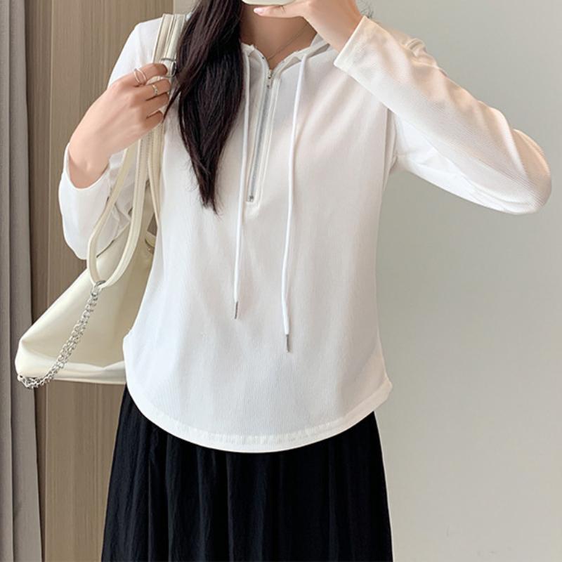 

Женская футболка с длинным рукавом и капюшоном из ледяного шелка, новый корейский стиль, облегающий и милый стиль, повседневный белый кардиган-топ XXL белый