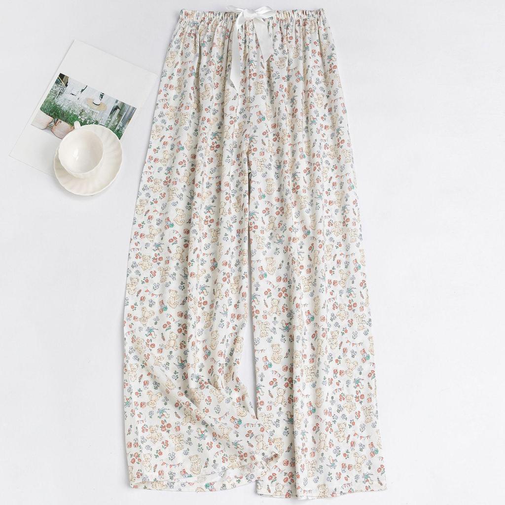 Women's Floral Cotton Silk Pajama Pants, Mosquito Repellent, Outdoor & Home Wear, Plus Size, Lightweight Summer Style.