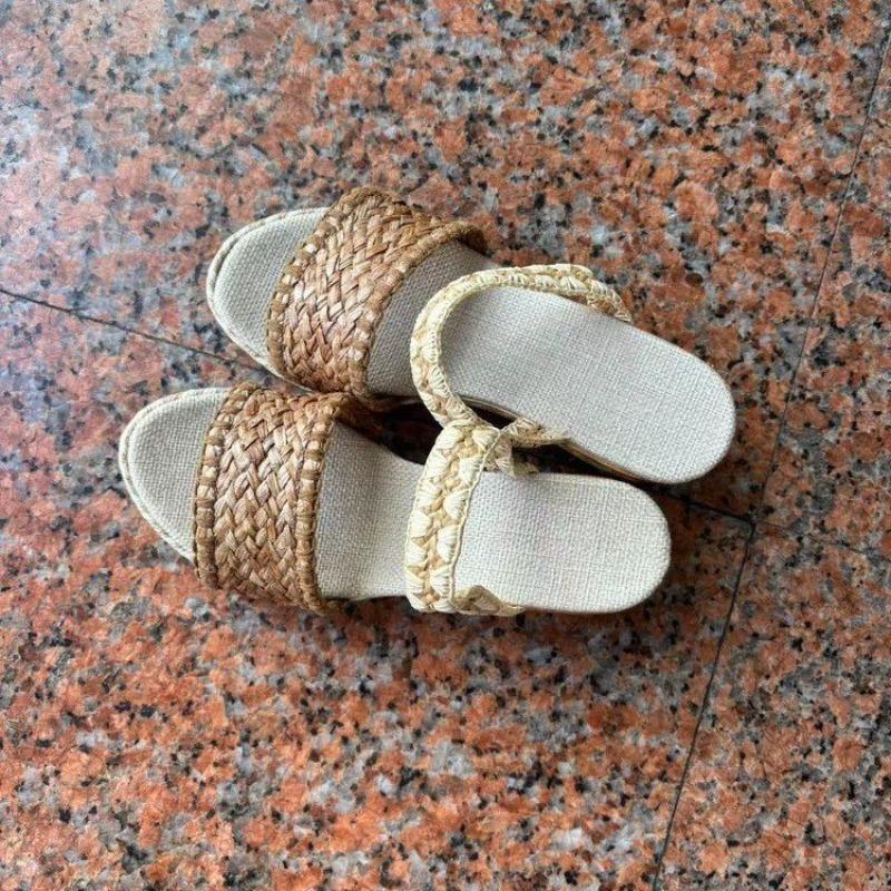 Straw Sole Wedge Slippers Summer New Round Toe Open Toe Woven Platform Anti-slip Wear-resistant Platform Shoes