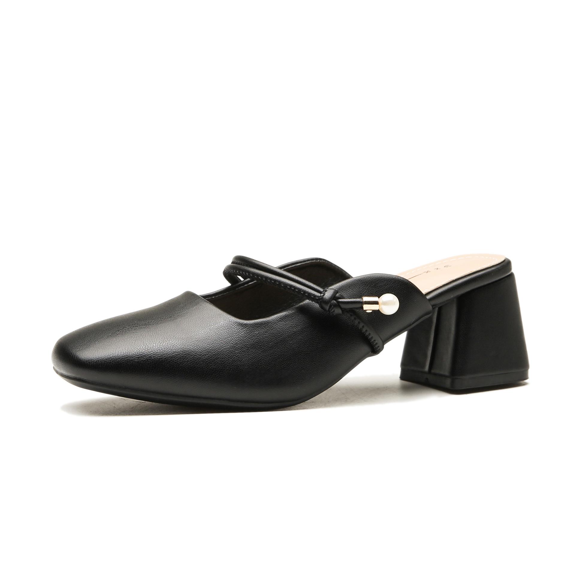 

Slippers for Women In Summer French Thick Heels Baotou Leather Semi-drag Fashion Retro Skirt Apricot High Heels Sandals 40