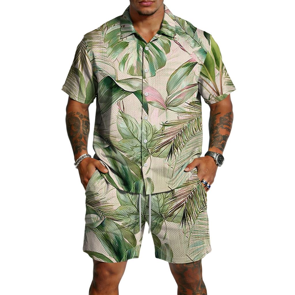 Men's Casual Printed Lightweight Breathable Shirt and Drawstring Shorts Set