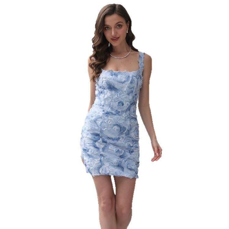 2026 spring women's new fashionable and sexy design three-dimensional rose flower strap dress dress