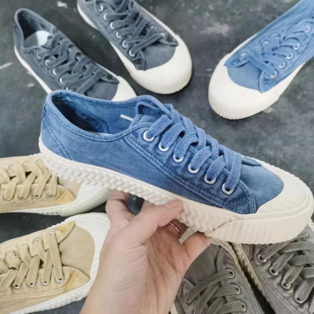 Washed retro cookie shoes with lace up soft and comfortable vulcanized shoes canvas low cut canvas shoes women's shoes