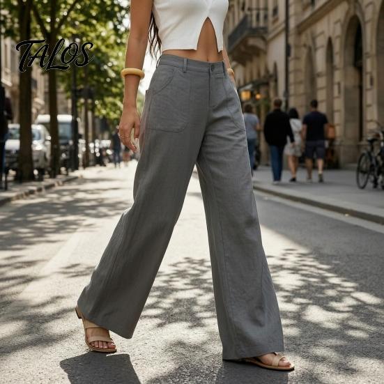 Bequeme Hose Baumwolle Leinen Weites Bein für Damen, Lockerer Knopf Elastischer Bund Arbeitsbund Freizeit Hose, Einfarbige Palazzo mit Taschen