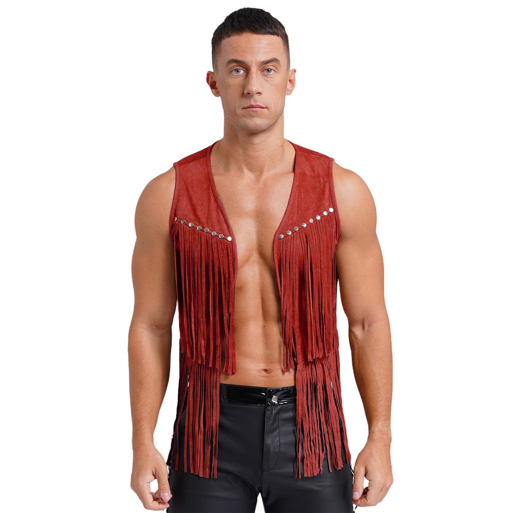 Herren Westliche Cowboy Weste Kunstleder Quasten Design Nieten Fransen Weste Offen Vorne Ärmellose Jacke