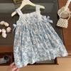 Girls' Blue & White Floral Sleeveless Bowknot Dress
