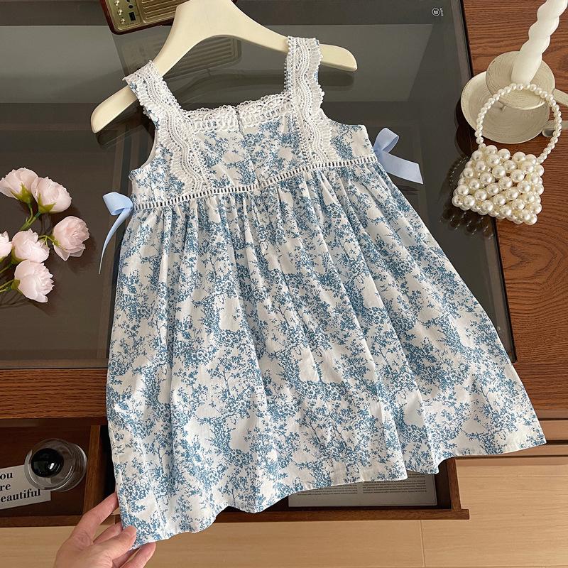 Girls' Blue & White Floral Sleeveless Bowknot Dress
