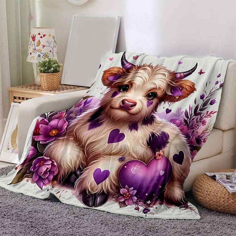 1pc Romantic Highland Cow Heart Print Blanket Perfect for Home Decor, Couch Cover, Outdoor Use .W046