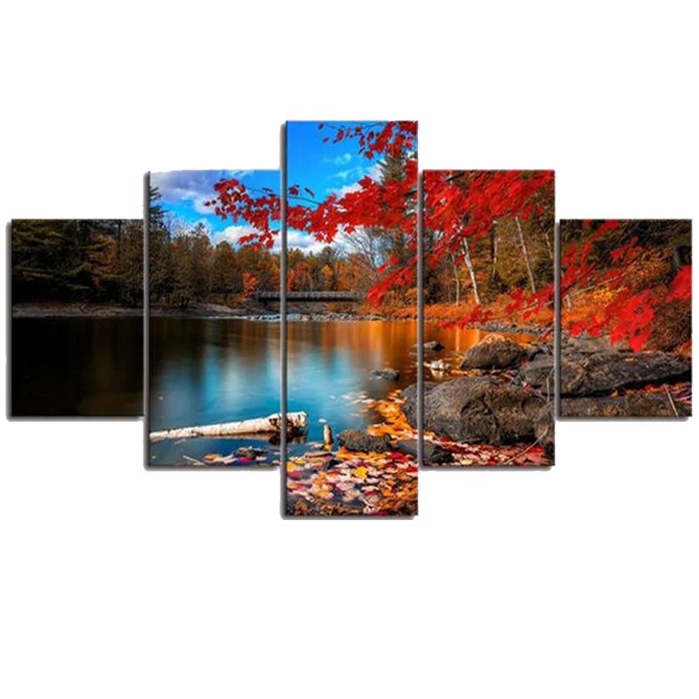 

5 Panel Red Autumn Maple River Landscape Wall Art Posters Canvas Pictures HD Paintings Home Decor Living Room Bedroom Decoration 20x35 20x45 20x55cm