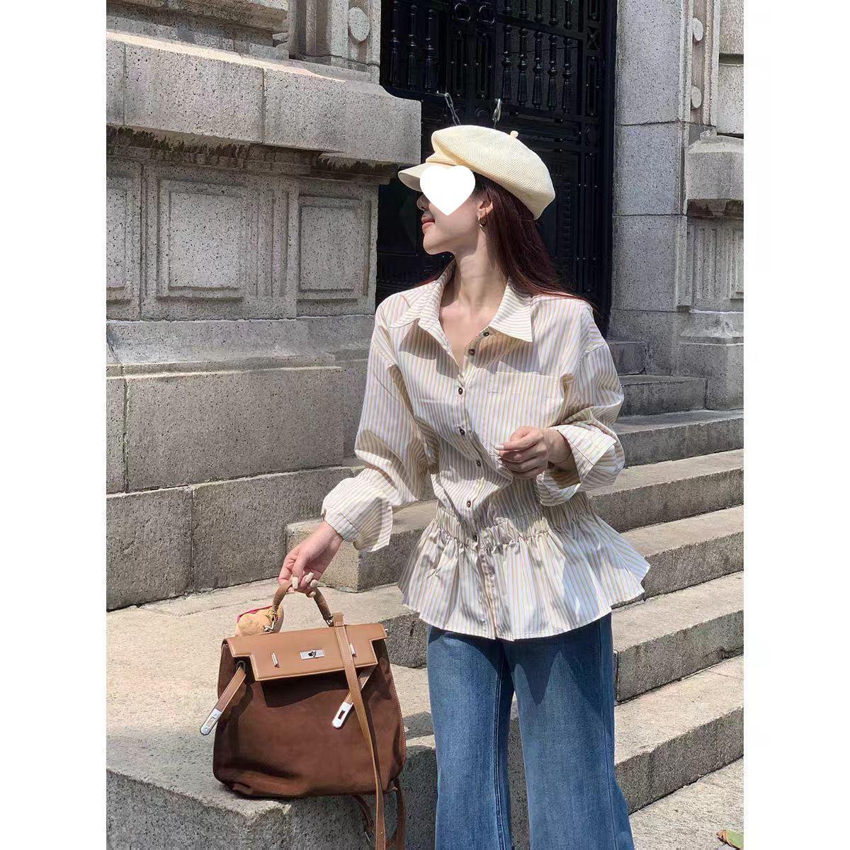 

2025 Women s Summer Korean Style Striped Waist-Slimming Shirt Dress M