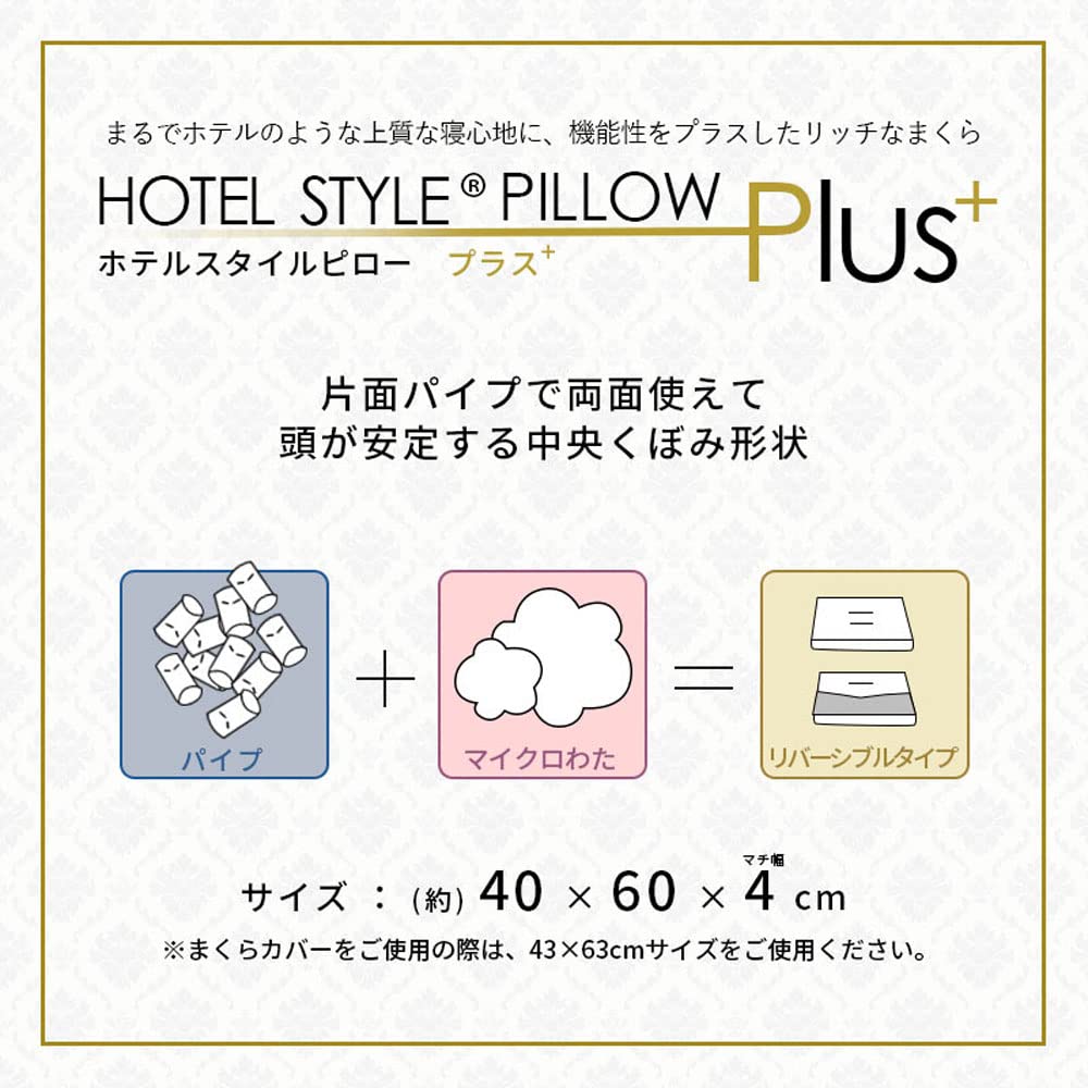 Hotel-Style Pillow Plus, Reversible with Selectable Firmness, 40x60x4cm (Equivalent To 43x63cm), Reversible, Concave-Shaped Pillow with Pipe Fill,