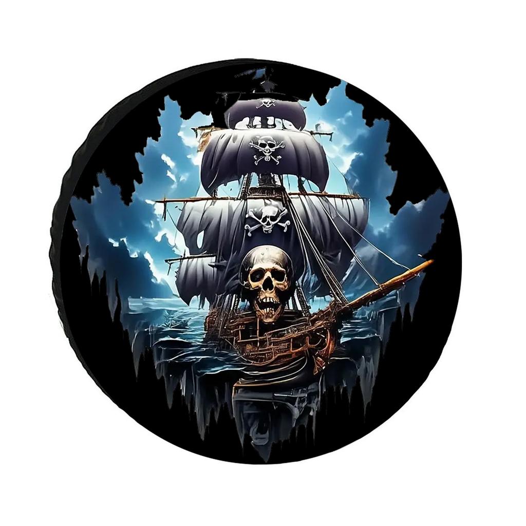 Halloween Car Spare Tire Cover Spooky Pirate Ship Rainproof Universal Wheel Protection for Camping Car Tire Cover Trailer RV