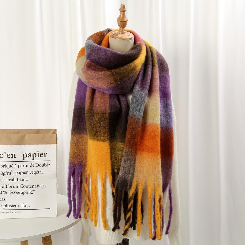 Rainbow Mohair Plaid Scarf - Thick, Chunky, Warm Winter Tassel Neck Warmer in Four Colors