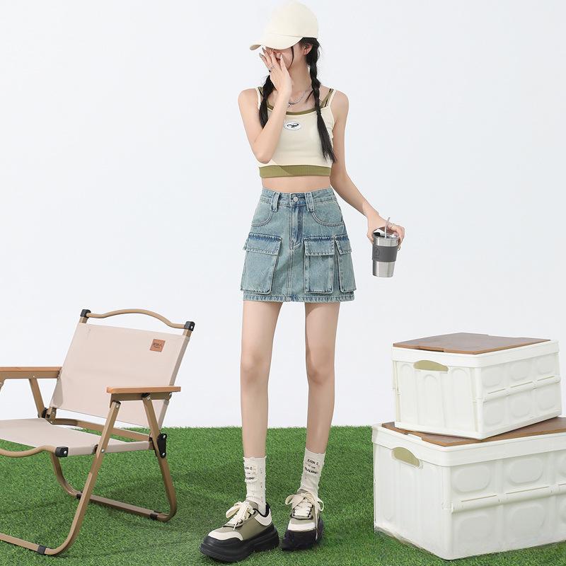 Retro Workwear Denim Short Skirt Spring and Summer New High-waisted Slim and Anti-exposure Hip-covered A-line Skirt