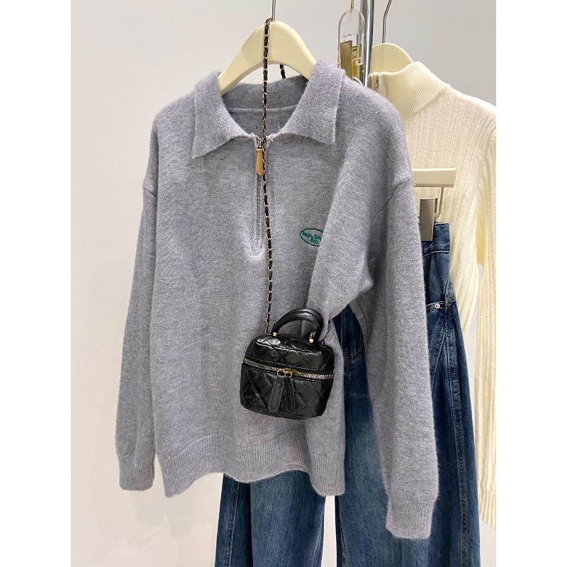 Slack Olo Lapel Knitted Sweater Women's Autumn and Winter New Thickened Sweater Base Long Sleeve Minimalist Style Inner Top