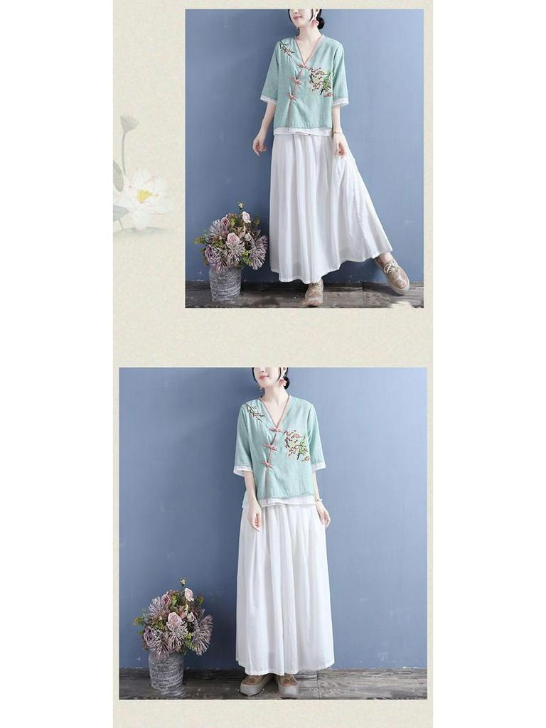 Women's Ethnic V-Neck Embroidered Cotton-Linen Cardigan Top and Mid-Sleeve Tea Dress