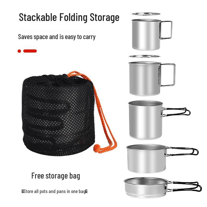 Stackable 304 Stainless Steel Camping Cookware Set - Includes Pot, Pan, Water Cup, and Tableware
