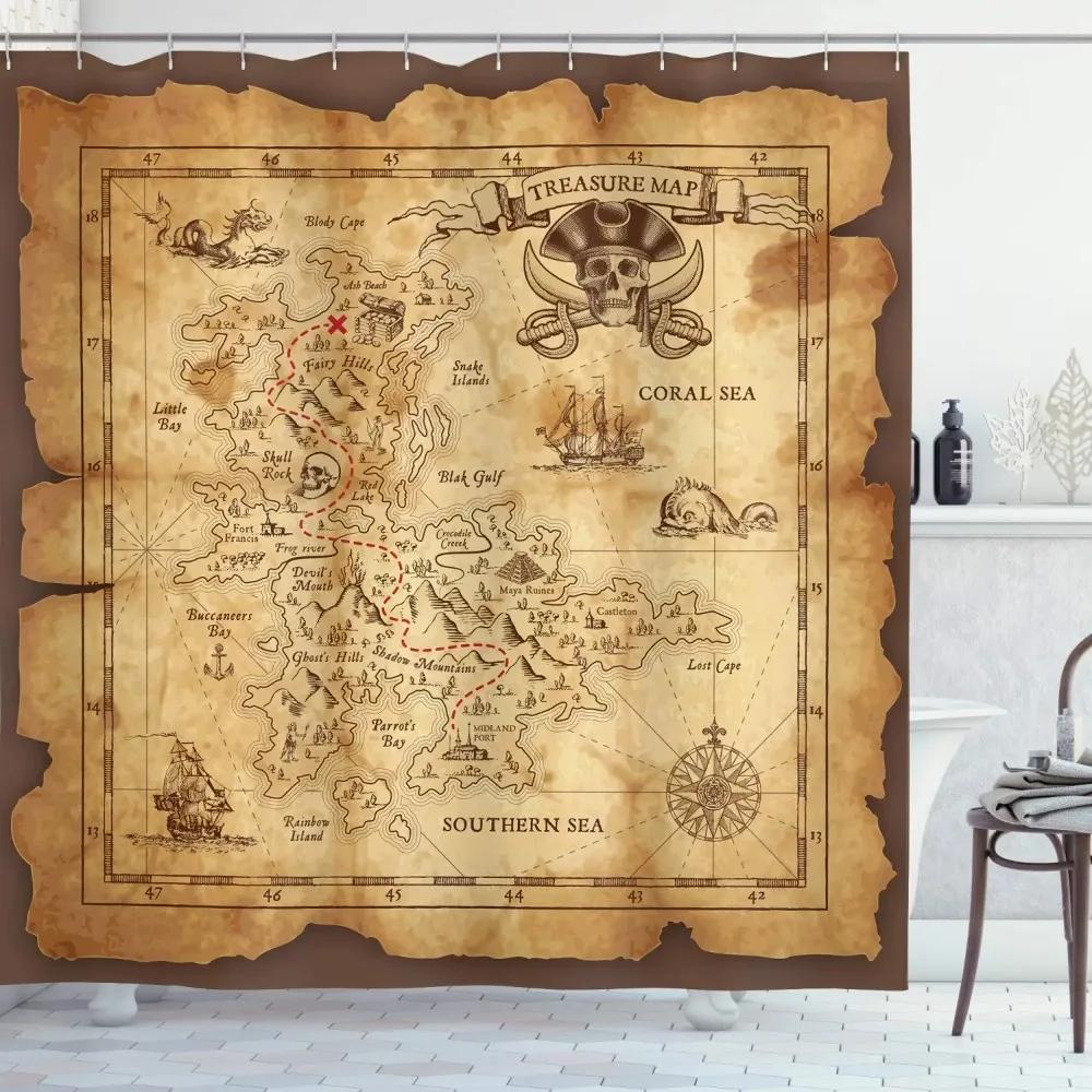 Monika Chen Nautical Island Map Shower Curtains,Vintage Old Map Pirate Ship Decor Polyester Ocean Ancient Pirate Treasure Map Shower Curtain