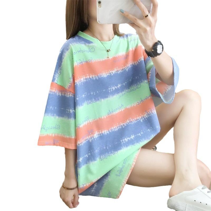 Color Stripes Contrast Color Summer 2025 Large Wide Women's Top Women's Short Sleeve T-Shirt Crew Neck