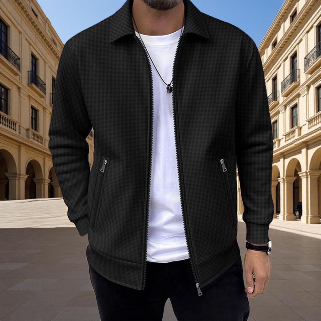 2025 Herren Frühling und Herbst Reißverschlusstasche Revers Einfarbig Lässige Slim Strickjacke Herrenjacke Mantel