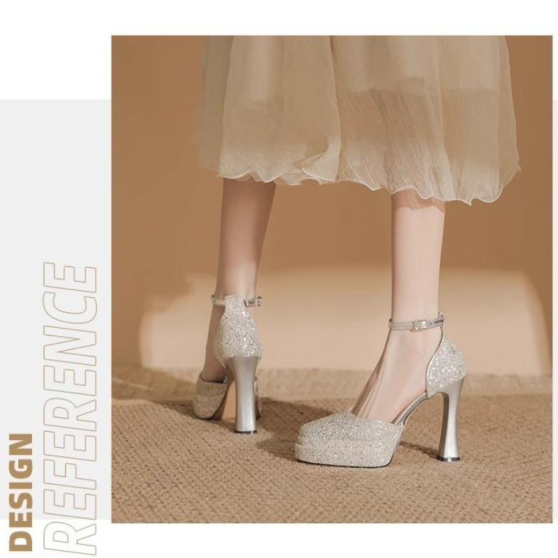 Sequins Fashion Women's Shoes 2025 Summer New High Heeled Sandals Large Size Women's Shoes Gold Silver