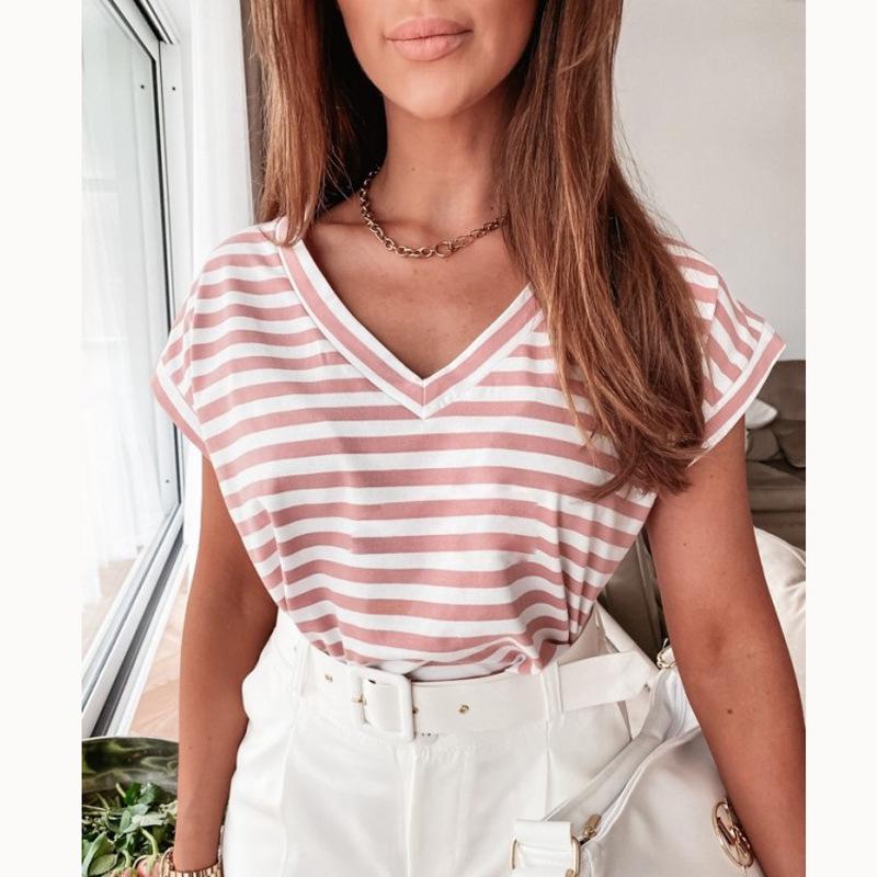 

Женский сексуальный полосатый топ с V-образным вырезом и короткими рукавами на лето Large розовый