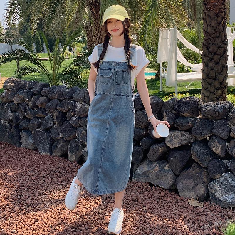 2025 Summer Casual T-Shirt and Denim Overall Skirt Set for Women