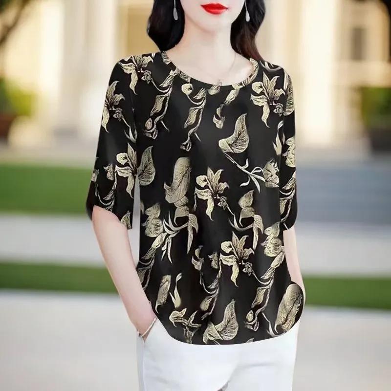 Round Neck Printed Half-sleeved T-shirt for Women Summer Loose Style Top