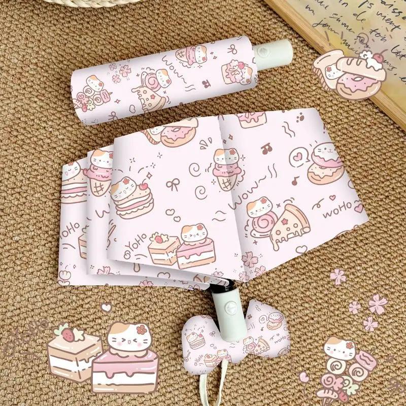 Cute Student Fully Auto Umbrella Black Glue UV Protection Sunshade Foldable Windproof Sun Rain Dual Use Parasol