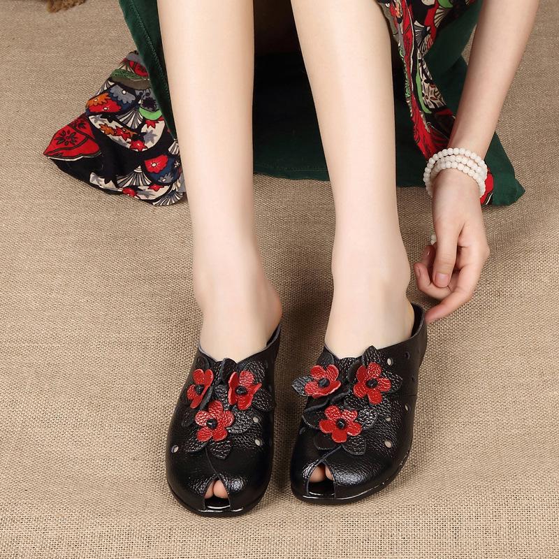 Summer Fashion Women Shoes Genuine Leather Sandals Slides Retro Flowers Closed Toe Female Loafers Flats Shoes Sandalias WSH3366