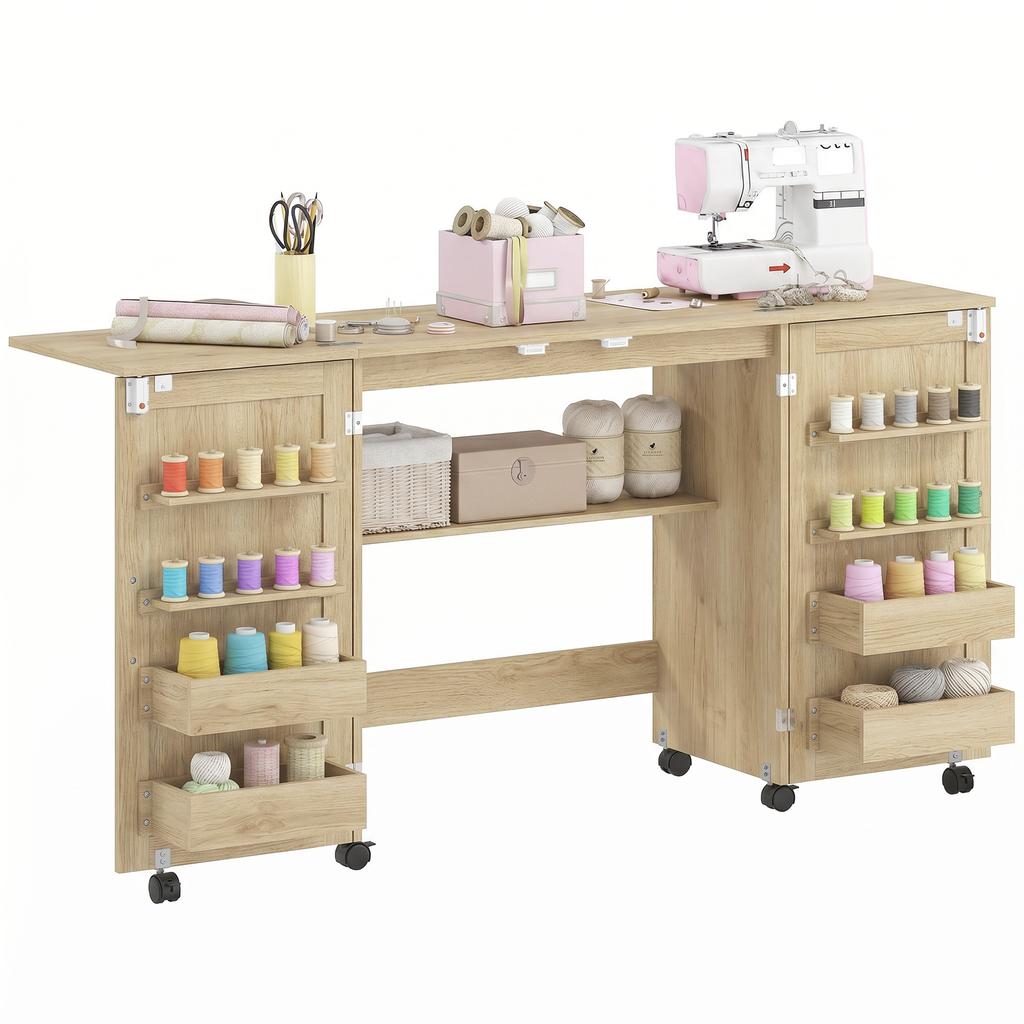 Sewing Table, Folding, Cabinet on Casters, 2 Doors, 4 Trays, 20 Hooks, 160 x 40 x 83 cm, Oak