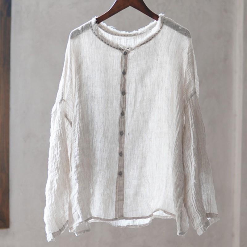 Johnature Vintage Women Shirts O-Neck Long Sleeve Button Blouses Autumn Loose Solid Color Casual Female Shirts