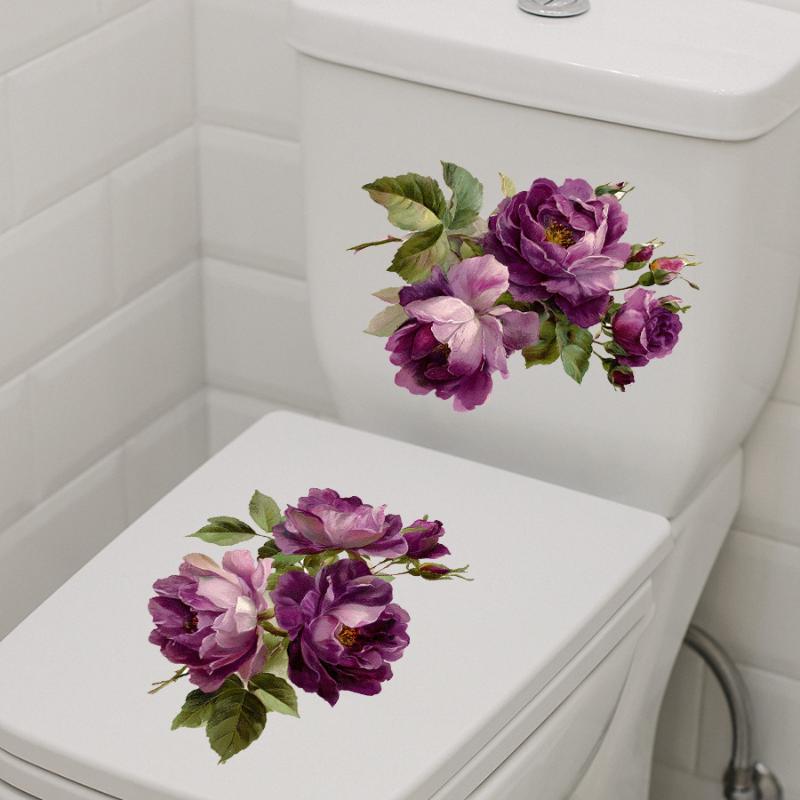 2Pcs Creative Rose Flower Waterproof Toilet Sticker Bathroom Wall Background Decal Home Decoration Self-adhesive Posters