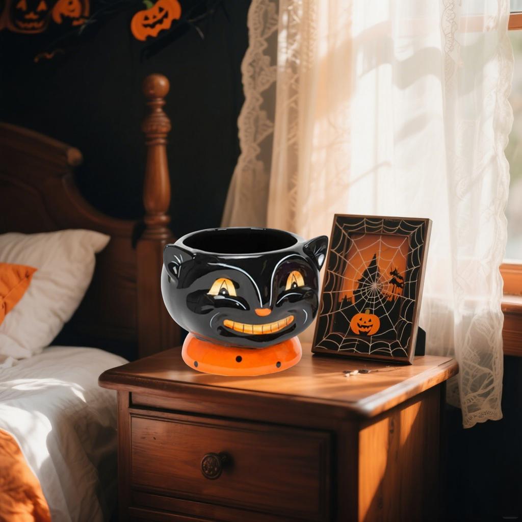 Retro Halloween, Smiling  Cat Candy Bowl, Snack Candy Jar, Halloween Drink And Dessert Cups, Ice Cream, Hot Cocoa, Etc.