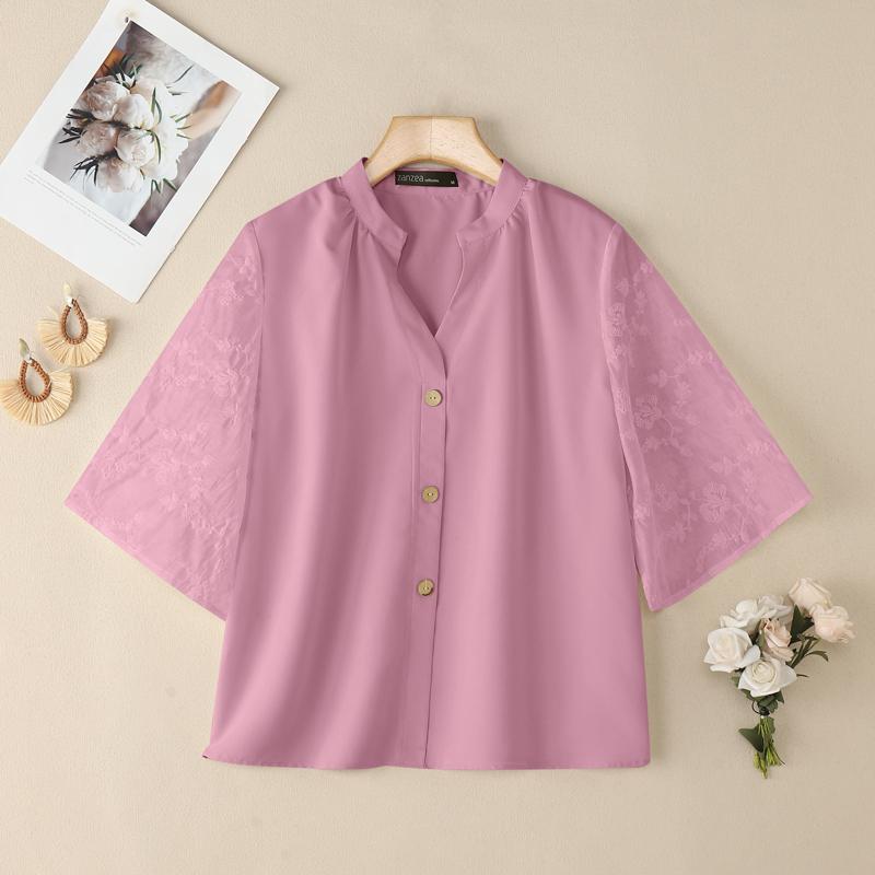 ZANZEA Women Casual V-Neck Splice Half Sleeve Loose Blouse