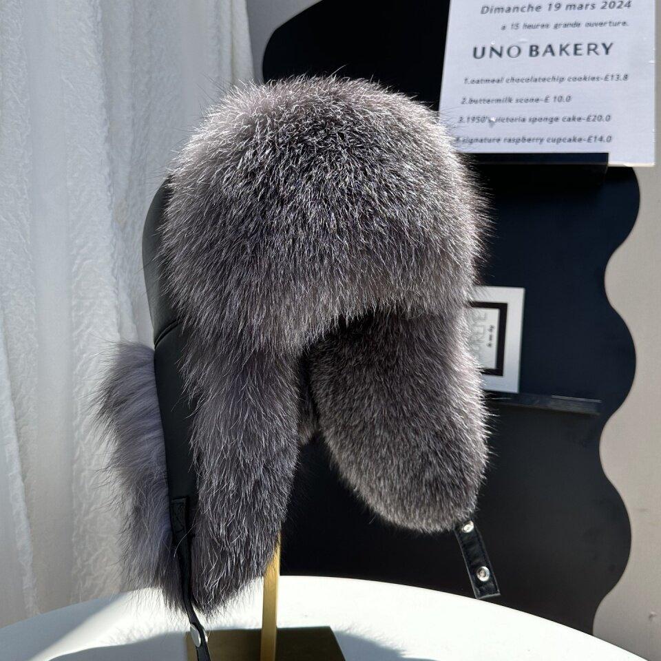 New Winter Men's 100% Real Silver Fox Fur Bomber Hat Raccoon Fur Ushanka Cap Trapper Russian Man Ski Hats Caps Real Leather