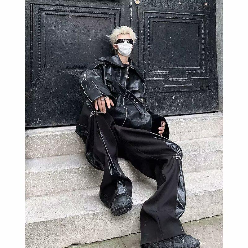 Trendy long sleeves trendy multi-pocket heavy industry metal design feeling shoulder pads leather jacket standard youth autumn solid color new