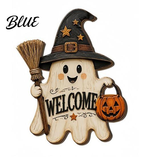 Rustic Wood Sign Halloween Ghost Welcome Door Hanger, Cute Wooden with Witch Hat & Pumpkin Hanger Elements, Fall Indoor Outdoor Wall Decor for Holiday