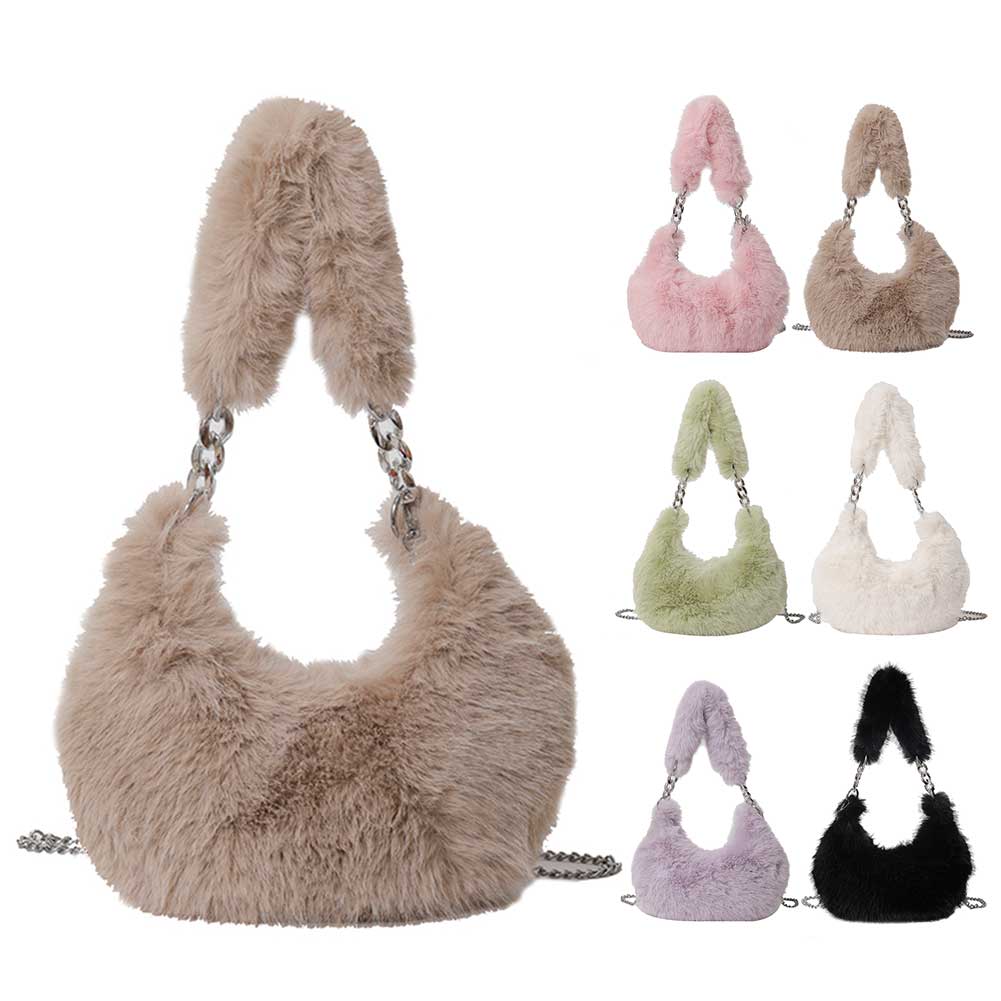 Women Chain Crossbody Bag Zipper Furry Tote Handbag Versatile Cute Satchel Bag Soft Girl Satchel Purse
