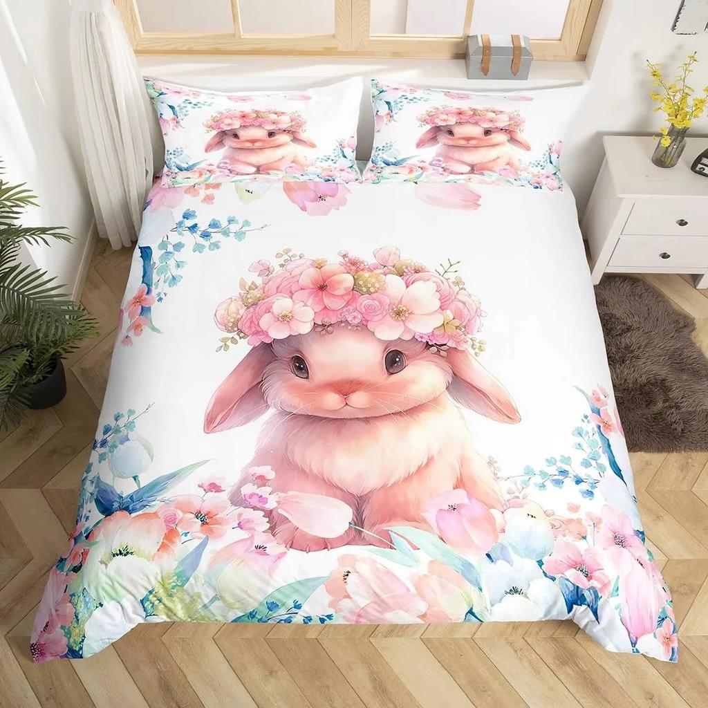 Easter Decor Rabbit Duvet Cover Colorful Flowers Bedding Set Girls Kids Room Kawaii Decor Easter Gifts Comforter Cover 2/3 Pcs