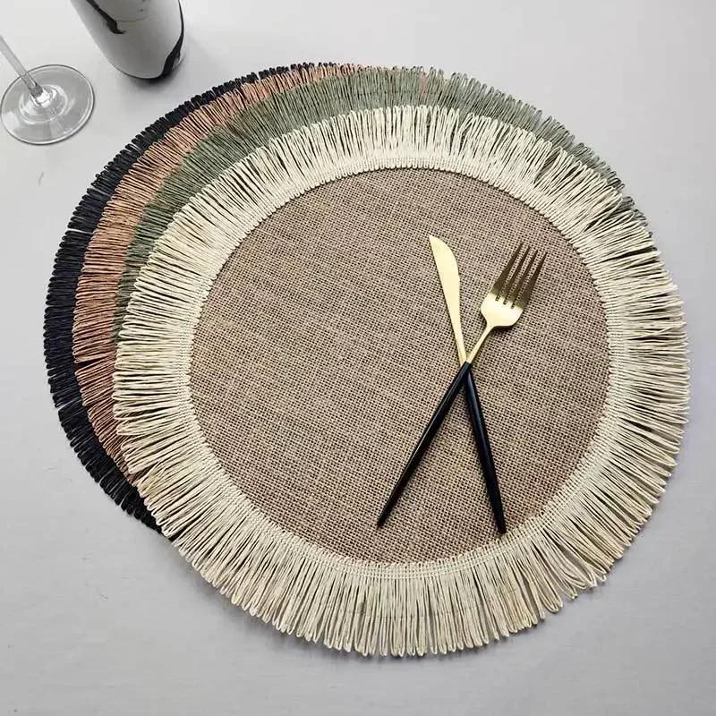 1pc Round Linen Placemats Table Mats Hand Woven Non-slip Heat Insulation Place Mats Tea Cup Pad Dining Table Decorations