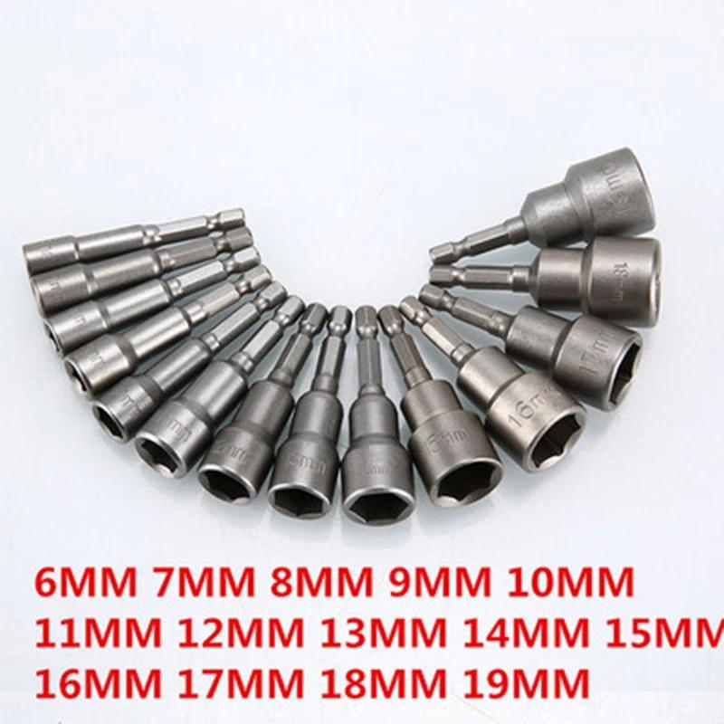 Magnetic Impact Nut Driver Socket Set Metric 6mm~19mm Impact Grade Nut Setters 6.35mm Hex Shank Drill Bit Adapter Drill Tool