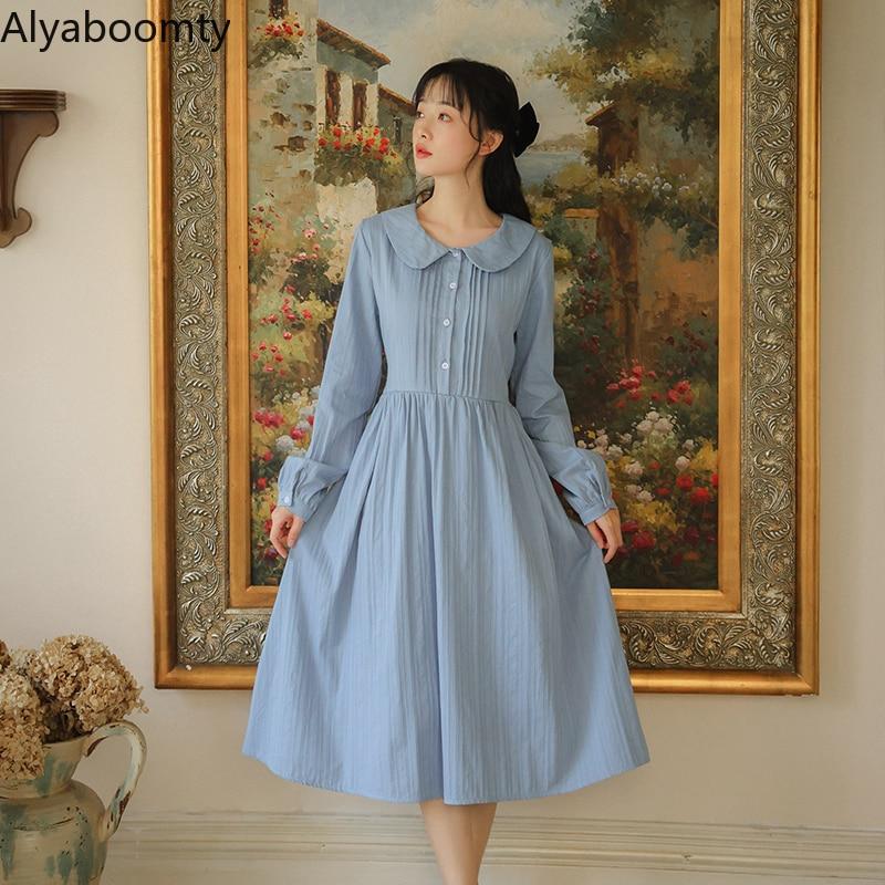 Buy Mori Girl Spring Fall Women Midi Dress Peter Pan Collar White - Main Image