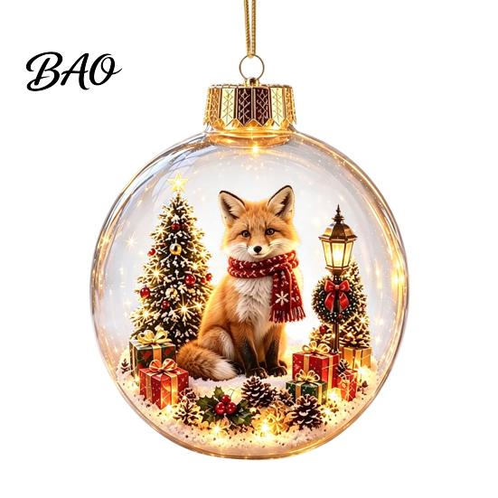 Transparent Holiday Tree Pendants Glowing Christmas Story Ornament, Mini Scene in Ball with Warm LED 3D Acrylic Hanging Baubles Light, Clear