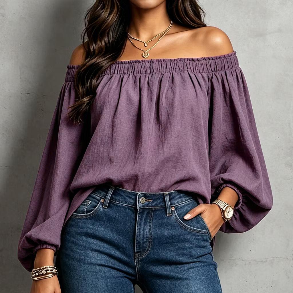 European and American new models, lanterns, long sleeves, off-the-shoulder and thin, versatile commuter pullover for women