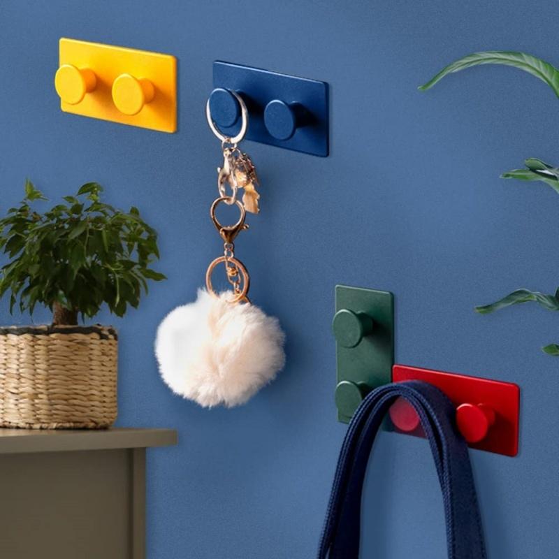 4 Pieces Colorful Building Block Small Hooks Heavy Duty Adhesive Wall Mounted Key Holder Seamless Hanging Hooks for Clothes Caps High Quality