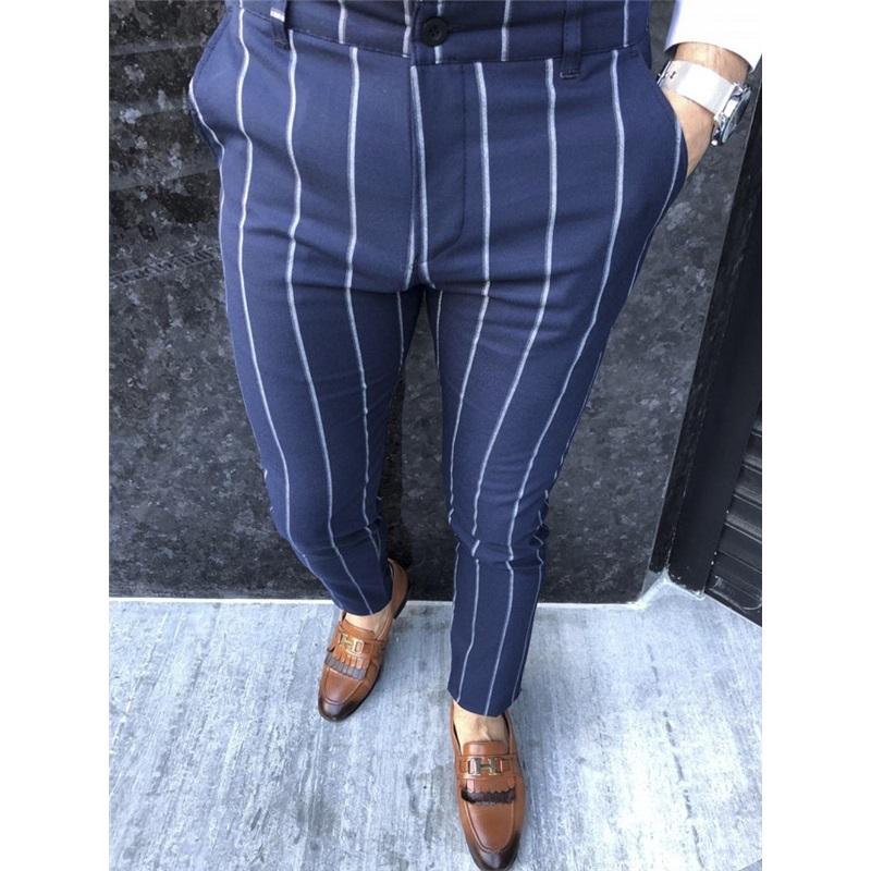 European And American Autumn And Winter Men's Printed Casual Fashion Striped Mid-waist Pencil Pants Slim Pants