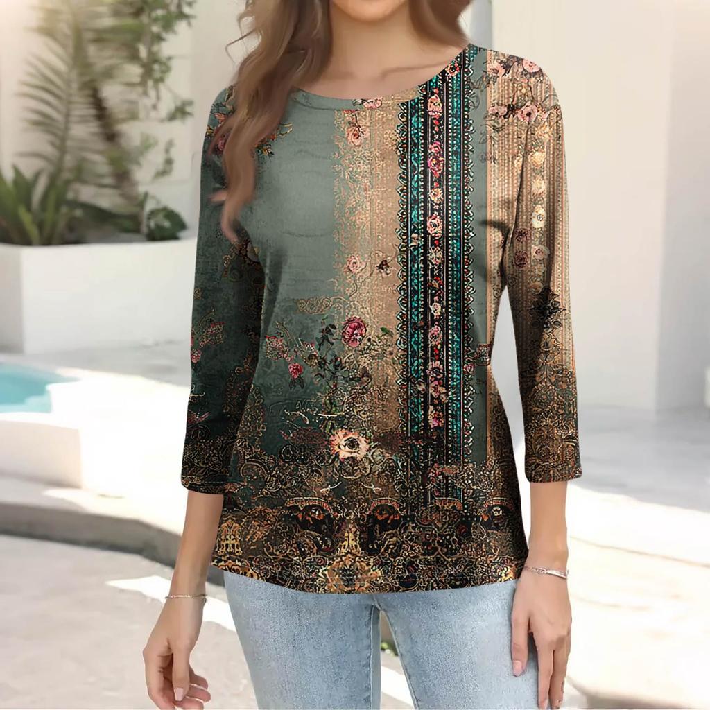 Trendy Vintage 3/4 Sleeve Top For Women ,Ladies Casual Three Quarter Sleeve Round Collar Printed T-Shirt Blouse