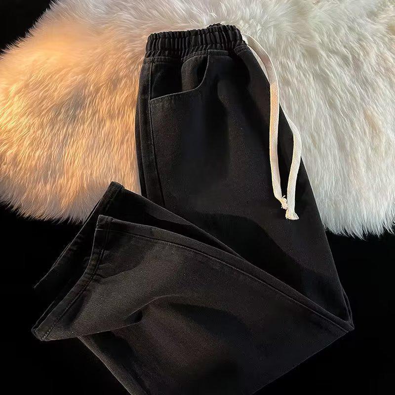Men's Casual Elastic Waist Straight-Leg Drawstring Jeans - Large Size, Loose Fit